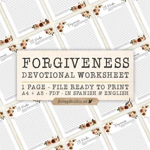 Puede incluir: Una colección de hojas de trabajo devocionales con líneas y detalles florales. El letrero central dice "FORGIVENESS DEVOTIONAL WORKSHEET" con detalles sobre el formato de archivo y los idiomas. Las hojas de trabajo están diseñadas para imprimir y están disponibles en español e inglés.