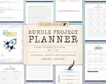 Project Planner Bundle PDF A5 Printable, Turns Objectives into Tasks, Brainstorming, Project Progress, Trackers