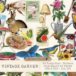 Puede incluir: Papel digital de scrapbooking de temática vintage de jardín con una variedad de imágenes que incluyen mariposas, un conejo, una abeja, un hongo, una regadera, un colibrí, un pájaro, un girasol, un nido, un paquete de semillas y un sombrero. El papel es perfecto para crear tarjetas, invitaciones y otras manualidades de papel.