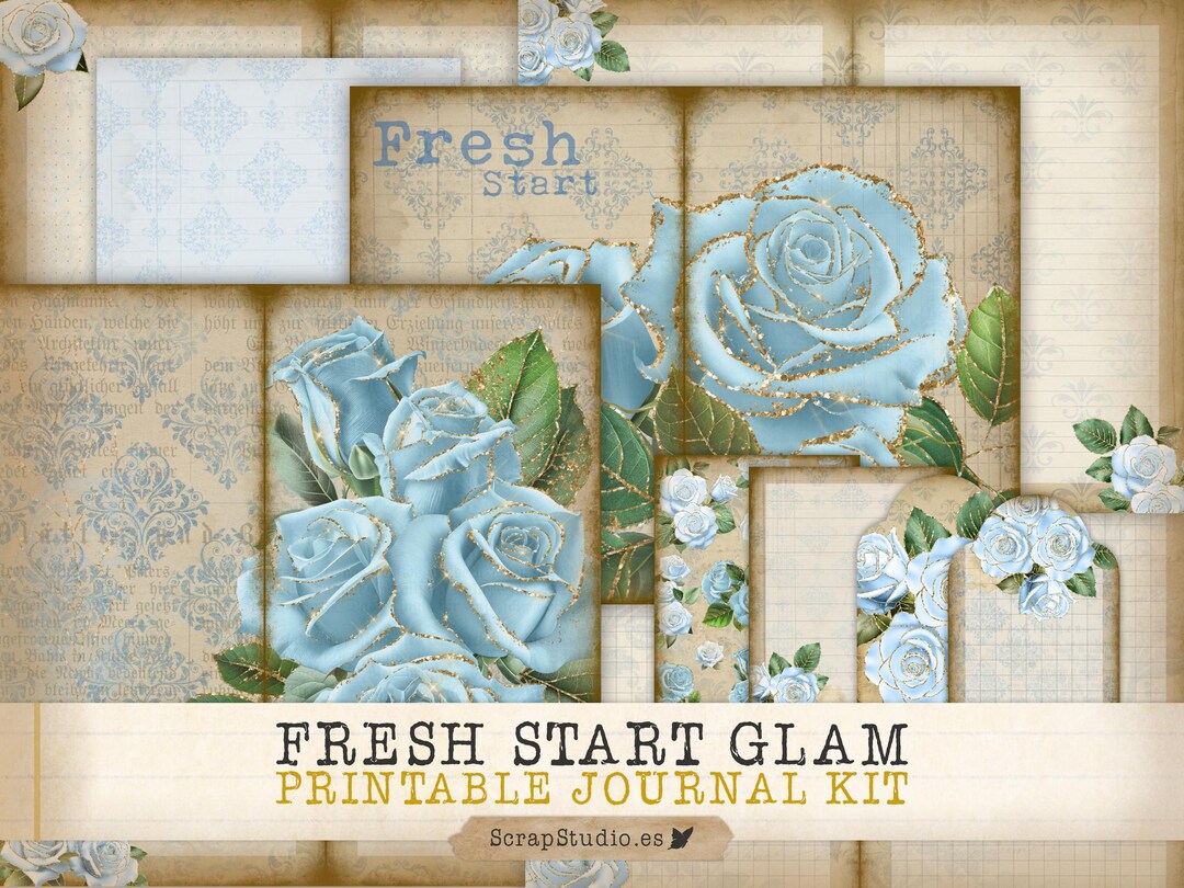 Fresh Start Printable Journal Kit – Baby Blue & Gold Rose Ephemera ...