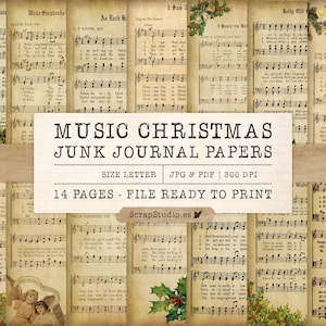 Music Christmas Vintage Junk Journal Papers, Christmas Songs Sheet Music, Christmas Junk Journal Kit, Printable Journal, Digital Download