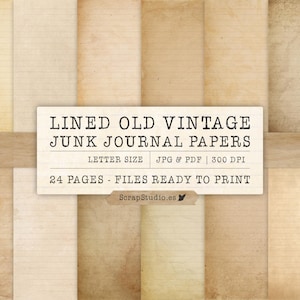 Vintage gelinieerd oud papier, antiek printbaar Junk Journal, oude boekpagina's, A4-formaat, gekleurd, getint, vintage, digitale download