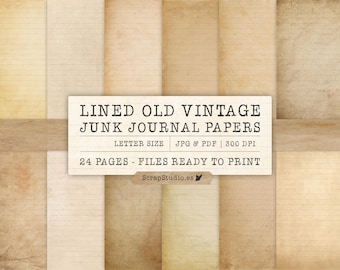 Vintage Lined Old Papers, Junk Journal Antique Printable, Old Book Pages, Letter Size, Stained, Tinted, Vintage, Digital Download