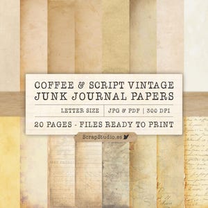 Puede incluir: Un conjunto de 20 papeles de diario vintage de estilo junk en tamaño carta, con diseños de estilo café y escritura. Los papeles están listos para imprimir en formatos JPG y PDF a 300 DPI.