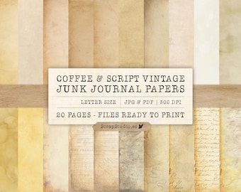 Coffee & Script Vintage Old Papers, Junk Journal Antique Printable, Old Book Pages, Neutral, Dyed, Tea, Stained, Vintage, Digital Download