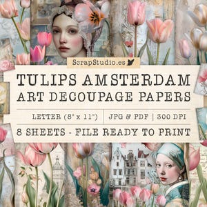 Tulips From Amsterdam Art Decoupage, Junk Journal Pages, Scrapbooking, Vintage Ephemera, Collage Sheets, Printable Page