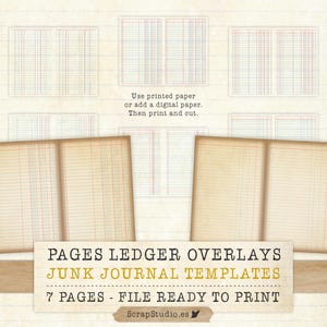 Druckbare Junk Journal Vorlagen Ledger Page Overlays 11x8,5 Digitale Vintage Seiten für Scrapbooking und Journale