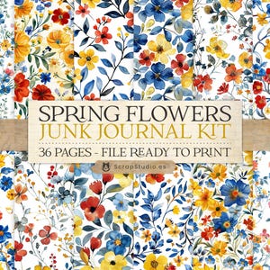 Watercolor Spring Flowers Set 2, Seamless Floral Patterns for Scrapbooking, Blue Yellow Red Digital Ephemera Download