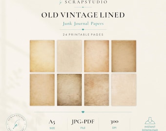 ヴィンテージ風罫線入り古紙、ジャンクジャーナル用アンティーク印刷可能、古書ページ、レターサイズ、染みあり、着色あり、ヴィンテージ、デジタルダウンロード