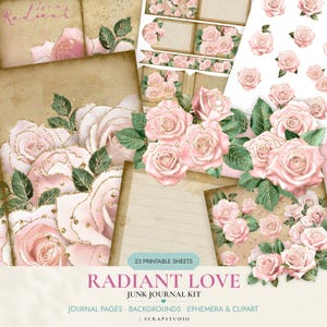 May include: A digital junk journal kit featuring 23 printable sheets with vintage-style beige backgrounds, pink roses with gold glitter accents, green leaves, and script text. The collection includes journal pages, backgrounds, and floral ephemera.