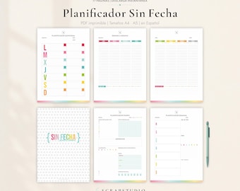 Planificador sin fecha imprimible PDF, páginas diarias semanales y mensuales, A4 A5