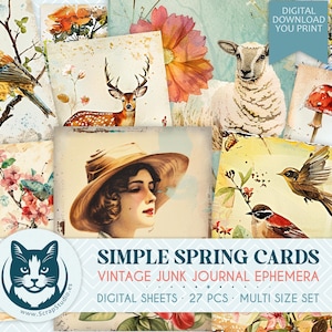 Puede incluir: Una colección de tarjetas de primavera de estilo vintage con ilustraciones de pájaros, ciervos, flores, una oveja y una mujer con sombrero. Las tarjetas tienen un aspecto envejecido. El texto en la imagen dice "SIMPLE SPRING CARDS" y "DIGITAL DOWNLOAD YOU PRINT".