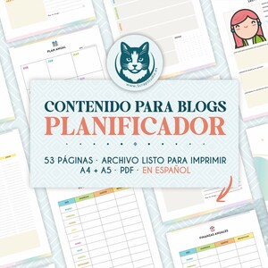 Puede incluir: Conjunto de páginas de planificador imprimibles en español. Incluyen secciones para planificación mensual y anual, con encabezados coloridos y un logotipo de gato. El texto incluye "Contenido Para Blogs Planificador" y "53 páginas".
