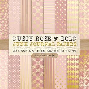 Pack de papier journal rose poudré et doré – Éphémères romantiques vintage et téléchargement numérique