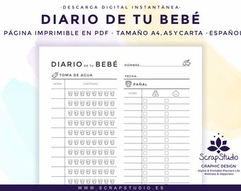 Baby's Diary Planner 1 page | Water and Diaper Tracker | PDF Letter, A5 and A4, Printable Spanish | Instant Digital Download