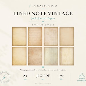 Puede incluir: Una colección digital de 8 papeles de notas rayados de estilo vintage imprimibles para diarios. El conjunto presenta varias texturas de papel envejecido de color beige con patrones de cuadrícula, líneas y registros. El texto incluye SCRAPSTUDIO, LINED NOTE VINTAGE.