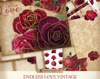Zestaw do druku dziennika śmieci Endless Love do pobrania w wersji cyfrowej, pamiątkowe drobiazgi z motywem romansu w stylu vintage, strony dziennika, album do druku