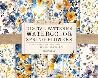 Watercolor Spring Flowers, Digital Seamless Patterns  - Ochre, Blue and Yellow Watercolour Tones - Scrapbooking Junk Journal DIY Stationery