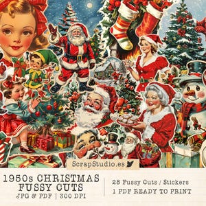 1950s Retro Christmas Ephemera Printable Stickers, Fussy Cuts for Junk Journal Kit, Vintage Xmas Collage Sheets Download