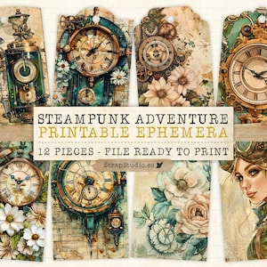 May include: Twelve printable steampunk themed tags featuring clocks, gears, flowers, and a woman with a steampunk aesthetic. The text on the tags reads "Steampunk Adventure Printable Ephemera 12 Pieces - File Ready to Print ScrapStudio.es"