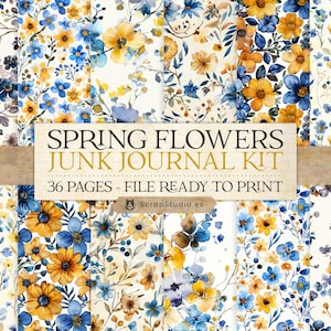 Puede incluir: Un kit de junk journal digital con 36 páginas de patrones florales en acuarela en tonos azul, amarillo y crema. El texto central dice SPRING FLOWERS JUNK JOURNAL KIT, 36 PAGES - FILE READY TO PRINT, y ScrapStudio.es.