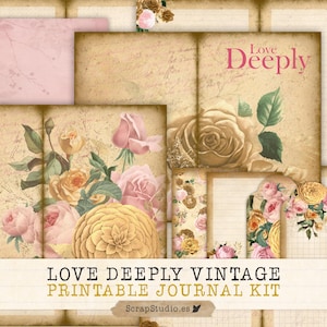 Love Deeply Printable Journal Kit, Vintage Blush and Gold, Collage Sheets, Vintage Ephemera, Printable Writing Journal, Digital Download