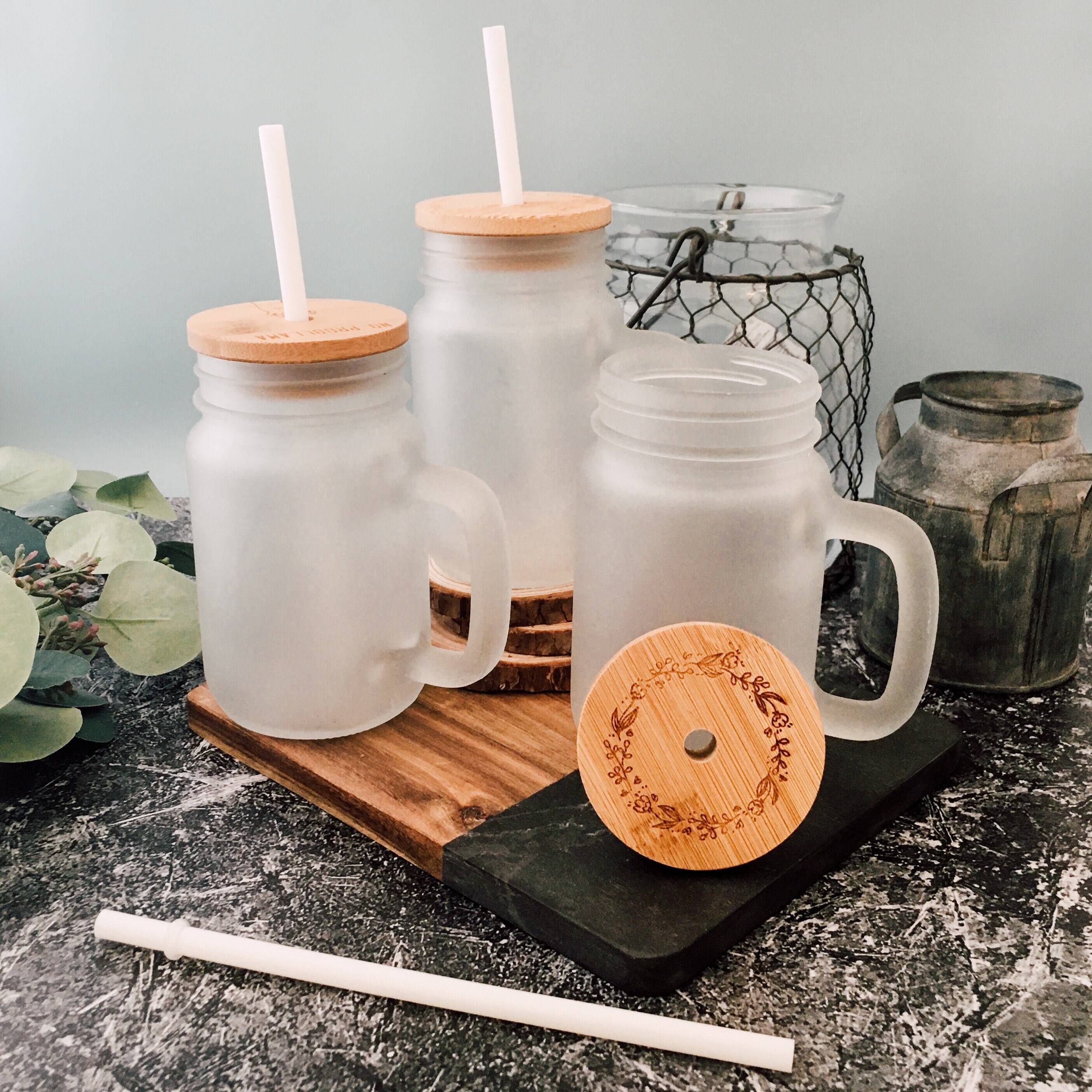 Download Frosted glass mason jar tumbler personalized wooden lid | Etsy Yellowimages Mockups