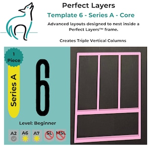 May include: A pink rectangular frame template with three vertical columns and one horizontal base section. The text reads Perfect Layers, Template 6 - Series A - Core, Advanced layouts designed to nest inside a Perfect Layers frame, Creates Triple Vertical Columns, 1 Piece, Series A, 6, Level: Beginner, A2, A6, A7, SL, MSL.