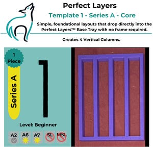 May include: A purple rectangular frame with three internal dividers creating four vertical columns. The text reads Perfect Layers, Template 1 - Series A - Core, Simple, foundational layouts that drop directly into the Perfect Layers Base Tray, Creates 4 Vertical Columns, 1 Piece, Series A, Level: Beginner, A2, A6, A7, SL, MSL.