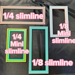 May include: Four rectangular frames in various sizes and colors. Top left is a pink and grey 1/4 slimline frame. Top right is a light blue 1/8 mini slimline frame. Bottom left is a yellow and teal 1/4 mini slimline frame. Bottom right is a teal 1/8 slimline frame.