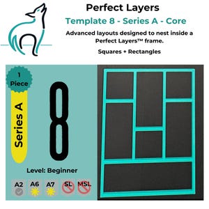 May include: A teal plastic template frame featuring a grid of squares and rectangles for nesting layers. The text reads Perfect Layers, Template 8 - Series A - Core, Advanced layouts designed to nest inside a Perfect Layers frame, Squares + Rectangles, 1 Piece, Series A, Level: Beginner, A2, A6, A7, SL, MSL.