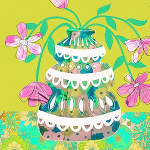 May include: A vibrant illustration featuring a decorative vase with pink flowers and green foliage. The vase has a layered design with white detailing and a floral pattern. The background is a bright yellow-green.