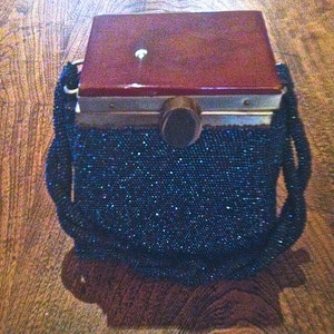 Cobalt Bead & Lucite Evening Bag - Unique Trapezoid Box with Braided Handle