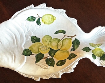Plato grande para servir pescado, cerámica pintada a mano (34 "x 19") limones amarillos y hojas verdes - Modigliani