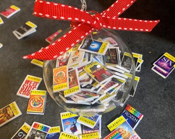 Miniature Broadway Playbills or books in glass ornament. Great for book clubs! Customize with your titles or choose "popular" titles.