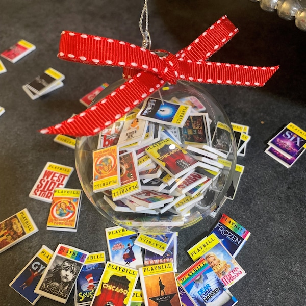 Miniature Broadway Playbills or books in glass ornament. Great for book clubs! Customize with your titles or choose "popular" titles.