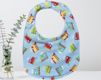 Flannel Baby Bib: Adjustable Snaps, Trains Print