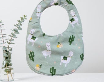Llama Cactus Baby Bib: Cotton Flannel, Adjustable Snaps
