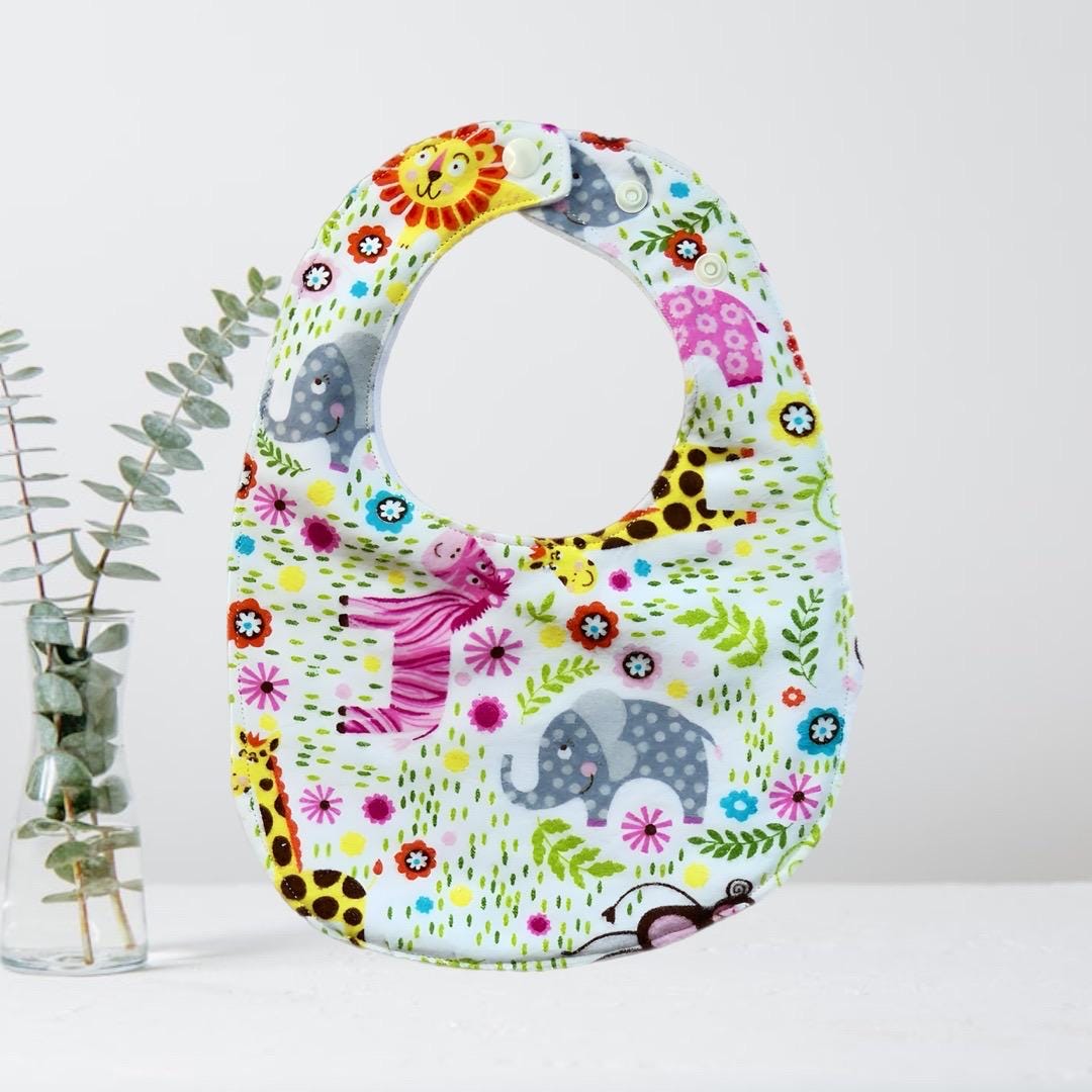 Flannel Baby Bib: Animals Print, Adjustable Snaps