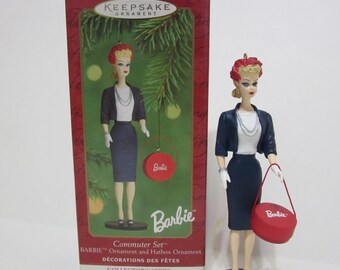 Mattel Commuter Set Barbie Ornament and Hatbox Ornament Hallmark Keepsake 2000