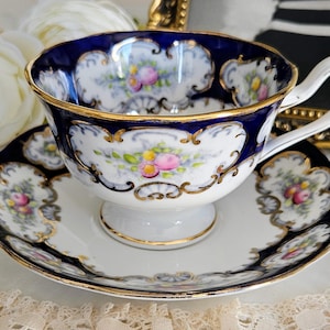 Vintage Royal Albert Teacup and Saucer Set, Bone China Made in England, Cobalt Blue, Gold Decor, Flowers, vintage tea party, bridal shower