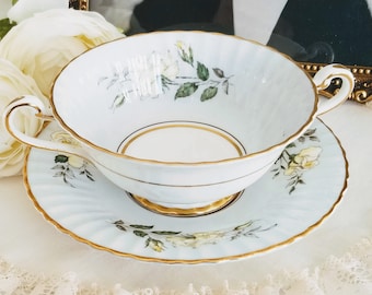 Formal Dinnerware English Bone China Floral Soup Bowls Set of 6 Red Yellow Paragon Double Handled Soup Bowls with Saucers