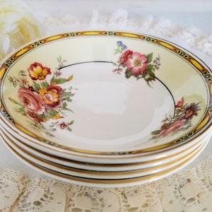 Set of 4 Johnson Brothers Pareek Fruit/Ice Cream/Dessert Nappies/Bowls, Ironstone Made in England, Art Deco, yellow band with flowers
