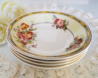 Set of 4 Johnson Brothers Pareek Fruit/Ice Cream/Dessert Nappies/Bowls, Ironstone Made in England, Art Deco, yellow band with flowers