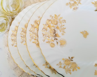 Set of 4 Minton Audley Salad Plates, Bone China Made in England, Gold Flowers, Swirled, Vintage dinnerware, china replacement