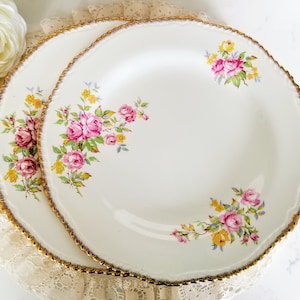 Set of 2 Vintage Woods Ivory Ware 9&#39;&#39; Dinner/Luncheon Plates, Ironstone Made in England, Pink & Yellow Roses, Rope Edge, vintage dinnerware