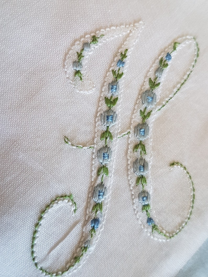 Satin Ribbon flowers Vintage Handkerchief Embroidered Vintage His and Hers Wedding Handkerchiefs pink Set of 2 Hankie blue