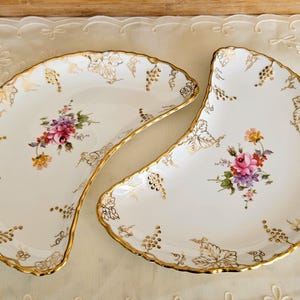 Set of 2 Vintage Royal Crown Derby Vine (Posie Center) Crescent Salad Plates, Fine Bone China Made in England, vintage dinnerware