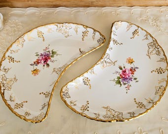 Set di 2 piatti da insalata vintage Royal Crown Derby Vine (Posie Center) Crescent, in fine bone china, realizzati in Inghilterra, stoviglie vintage