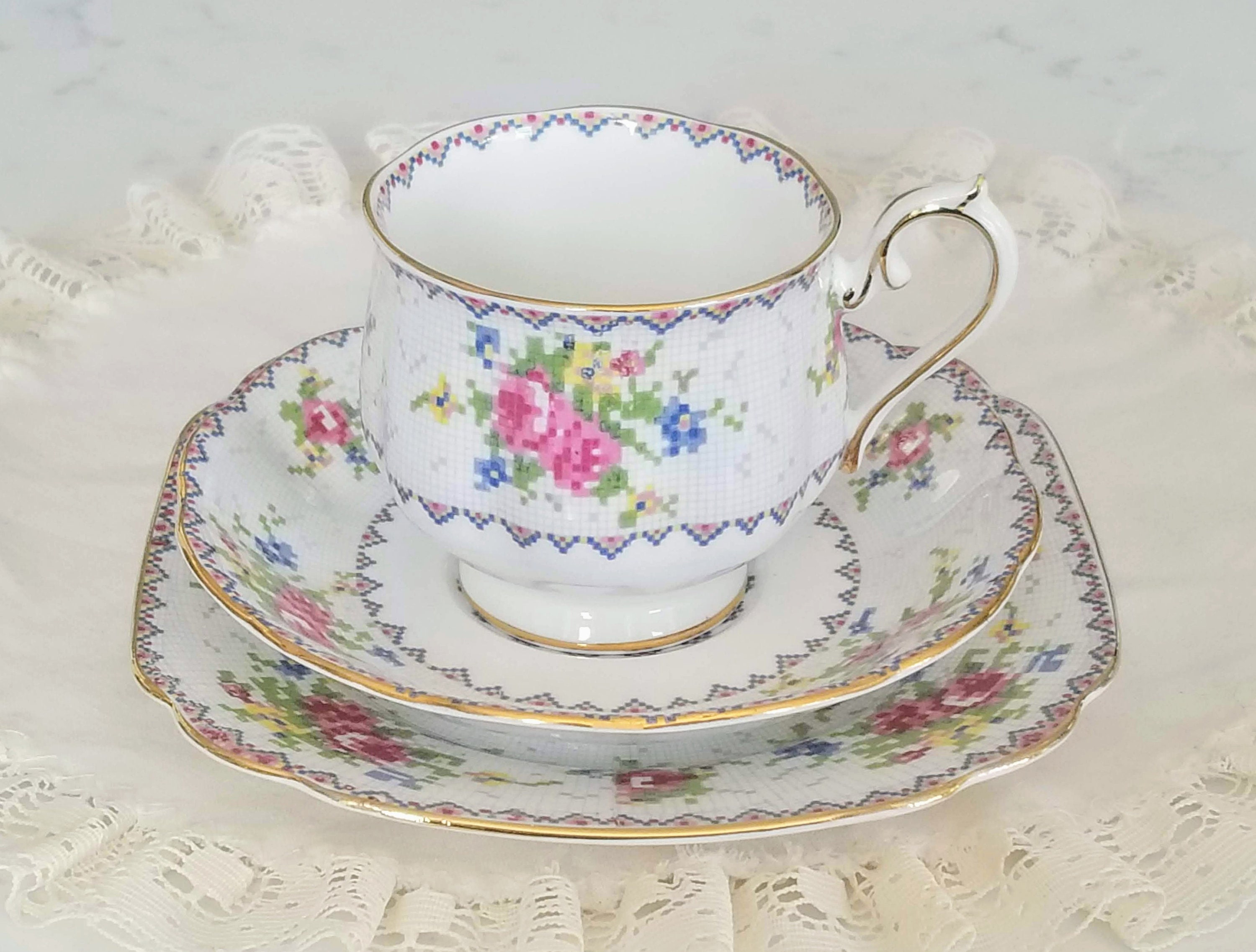 Royal Albert Petit Point Teacup Trio, Bone China Made in England  